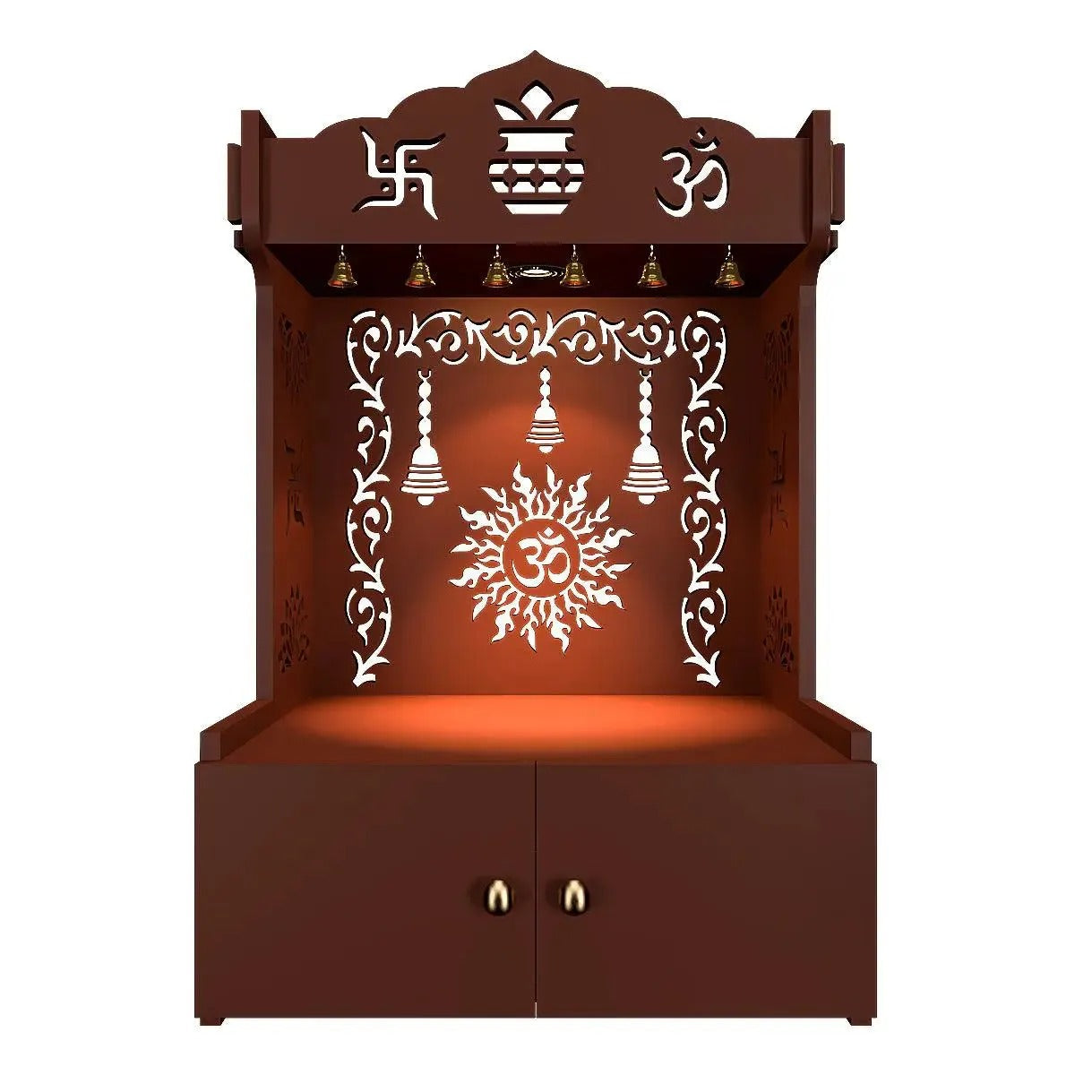 Brown Wooden Wall Mounted Temple with Om-Swastik Carving Pooja Mandir for Home