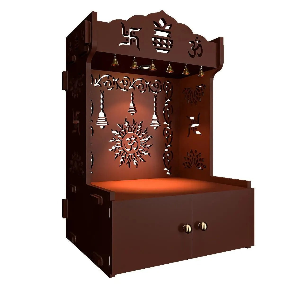 Brown Wooden Wall Mounted Temple with Om-Swastik Carving Pooja Mandir for Home