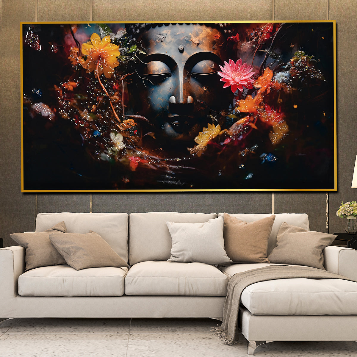 Buddha in Blooms Framed Crystal Glass Painting