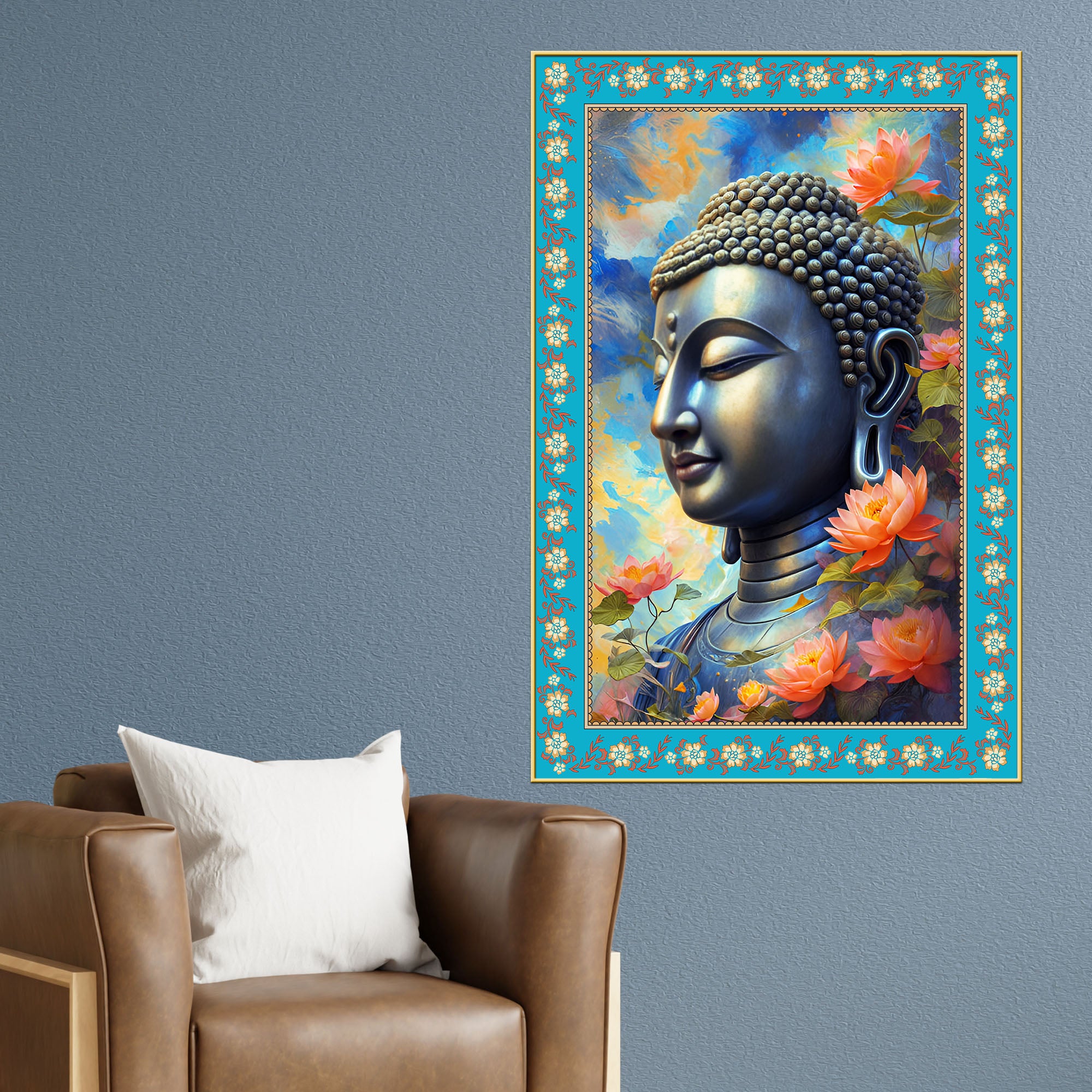 Buddha Rainbow Flowers Border Vertical Canvas Wall Painting