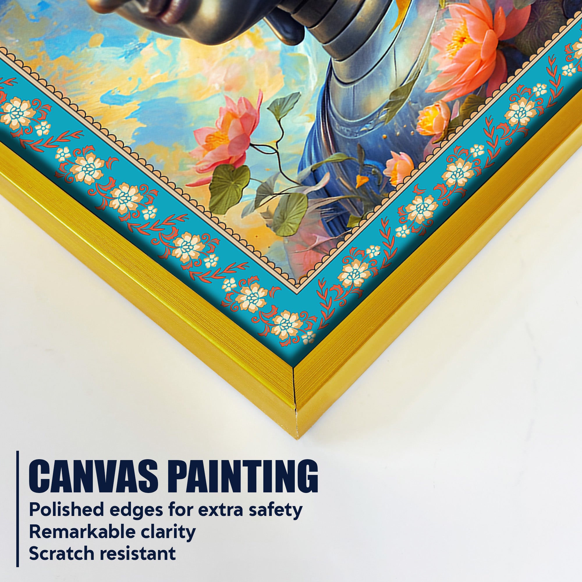 Buddha Rainbow Flowers Border Vertical Canvas Wall Painting