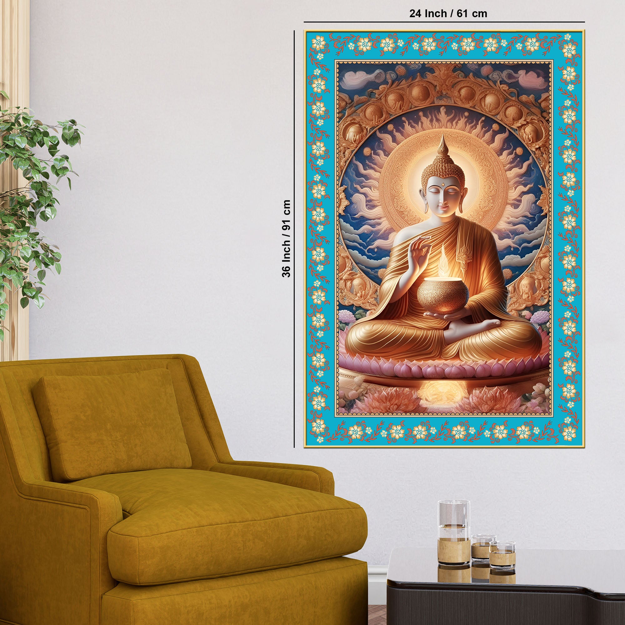 Buddha Sacred Calm Floral Border Vertical Canvas Wall Painting