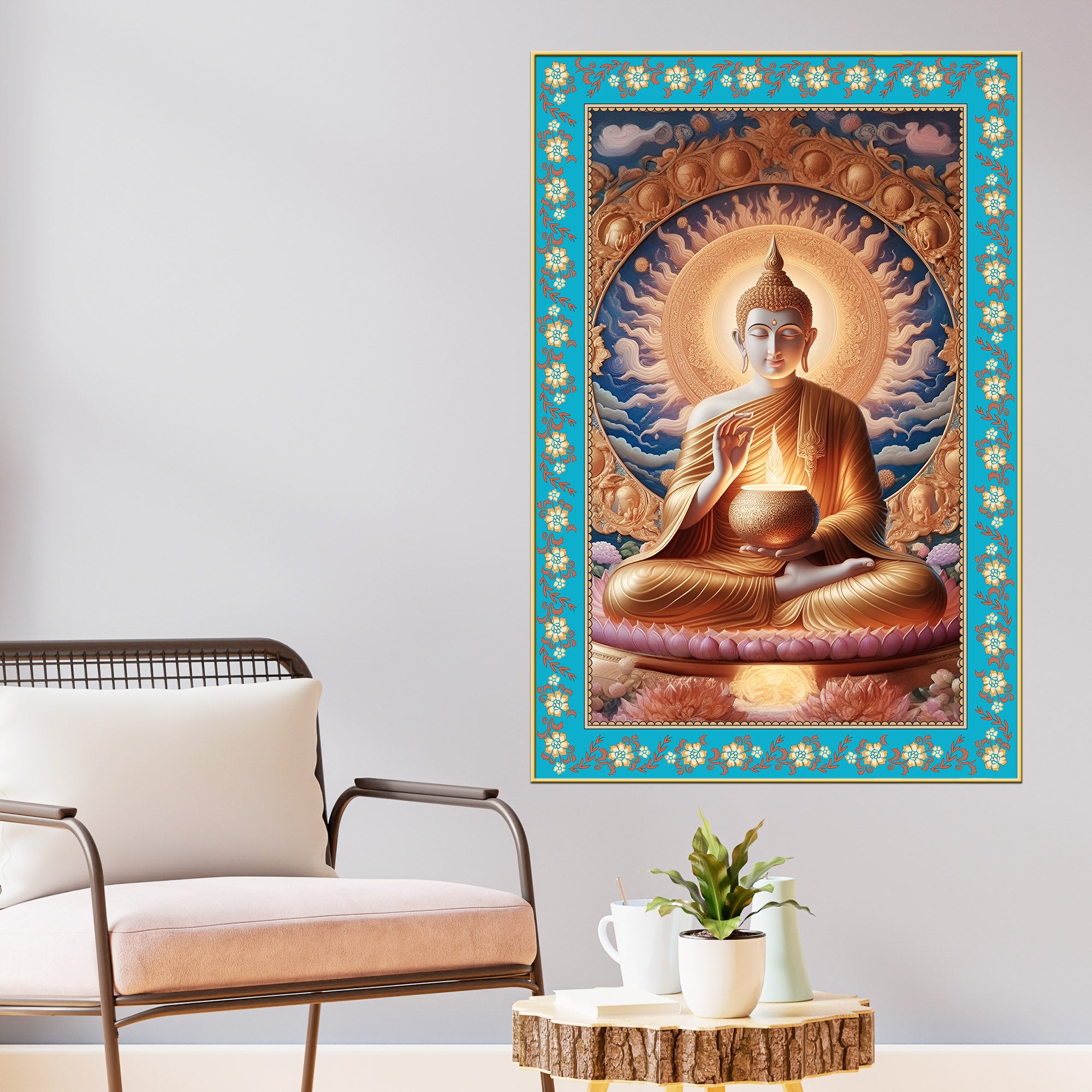 Buddha Sacred Calm Floral Border Vertical Canvas Wall Painting