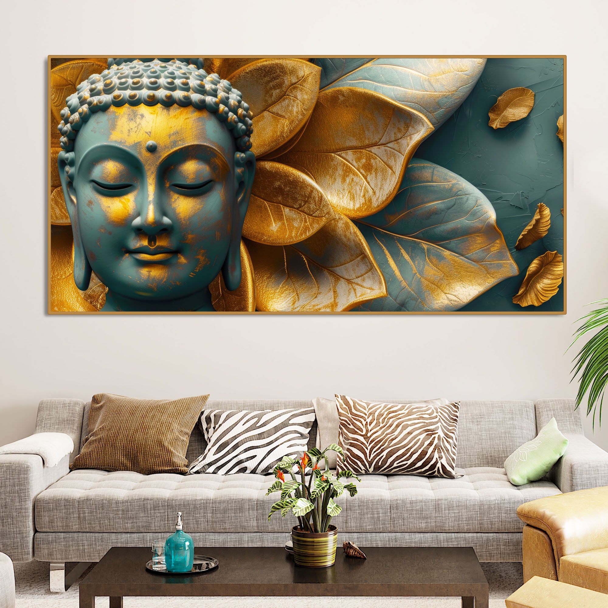 Buddha Statue with Golden Flower Leaf Art Canvas Wall Painting