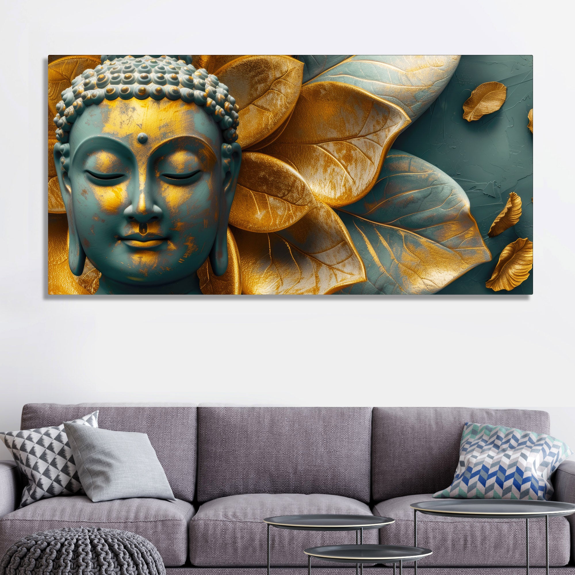 Buddha Statue with Golden Flower Leaf Art Canvas Wall Painting