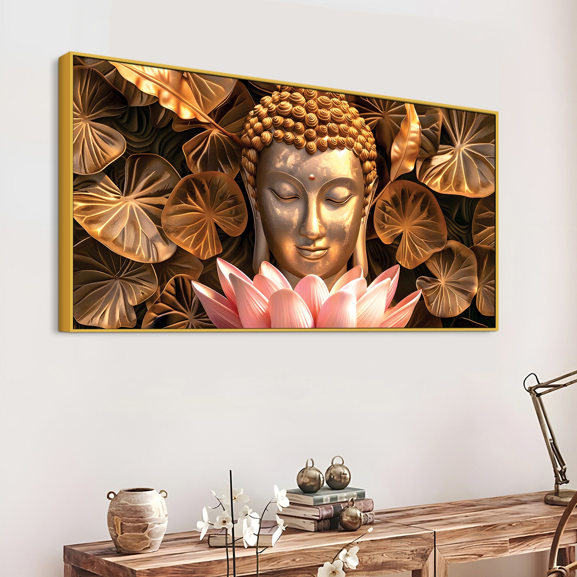 Buddha Wall Painting with Lotus & Floral Art-Decorative Canvas