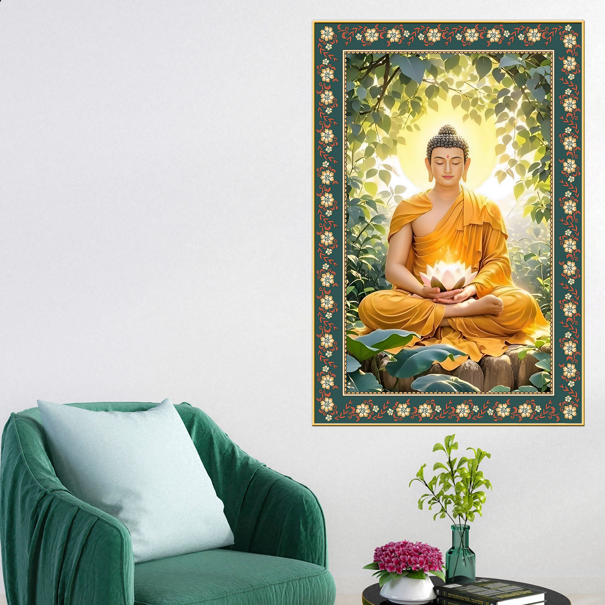 Buddha with Lotus Calm Peace Floral Border Vertical Wall Painting
