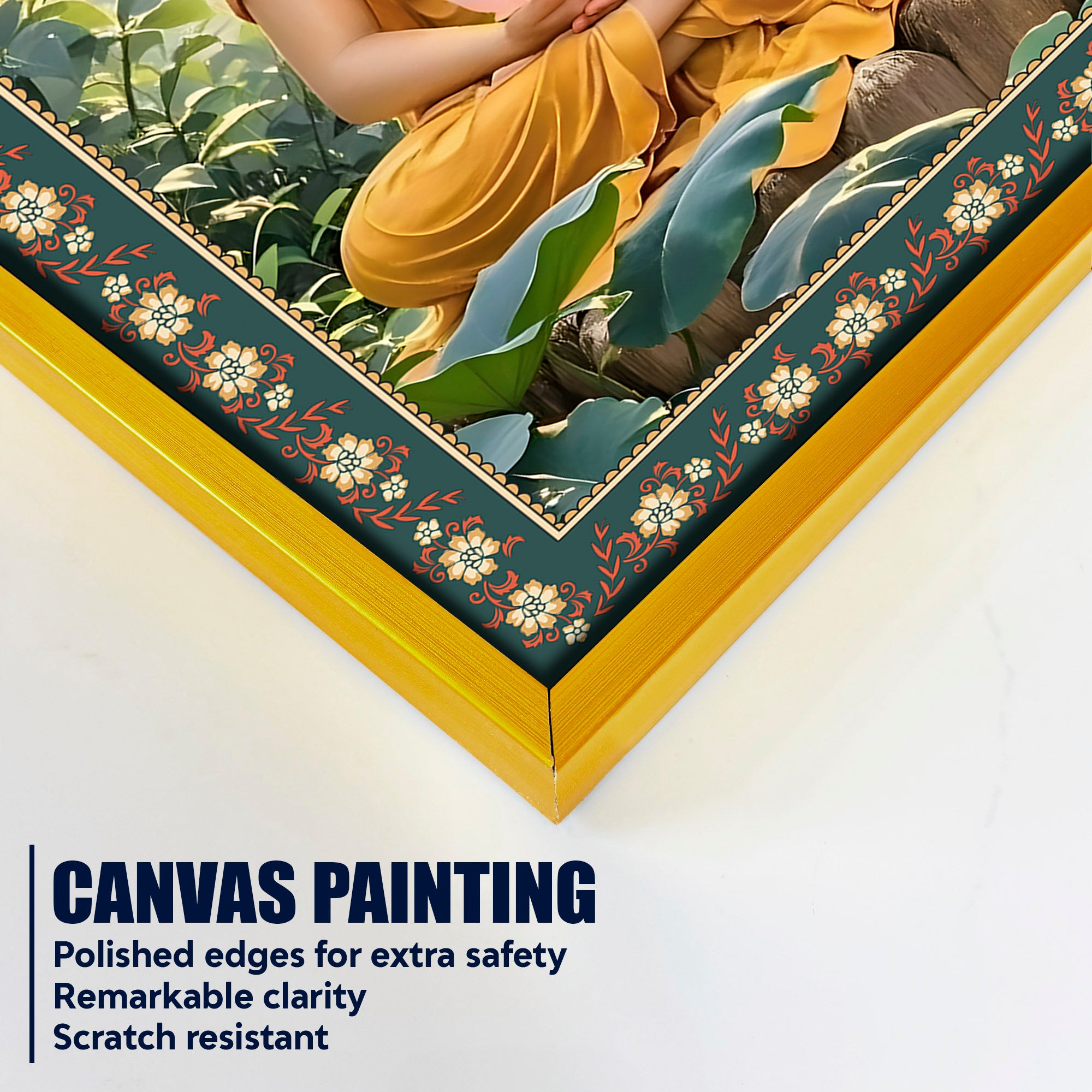 Buddha with Lotus Calm Peace Floral Border Vertical Wall Painting