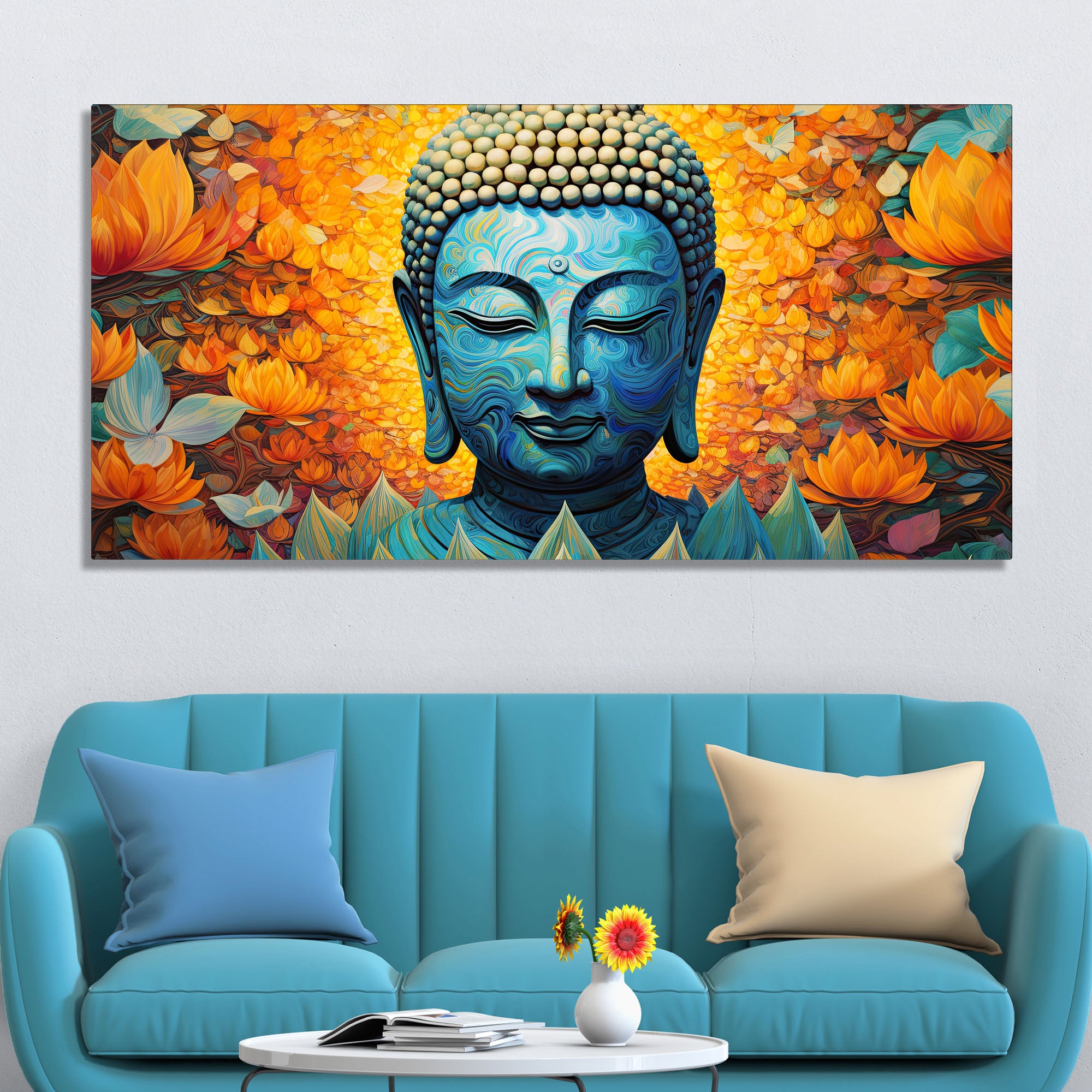 Buddhist Statue with Lotus Flowers Background Canvas Wall Painting