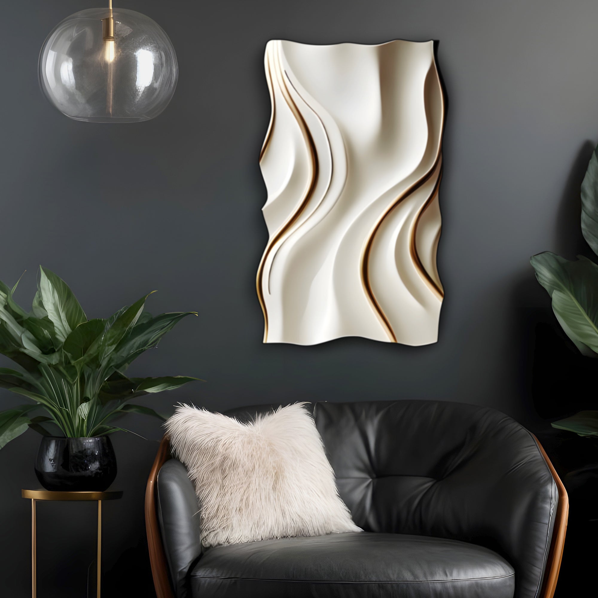 Calm White Waves with Gold Lines 3D Wall Art