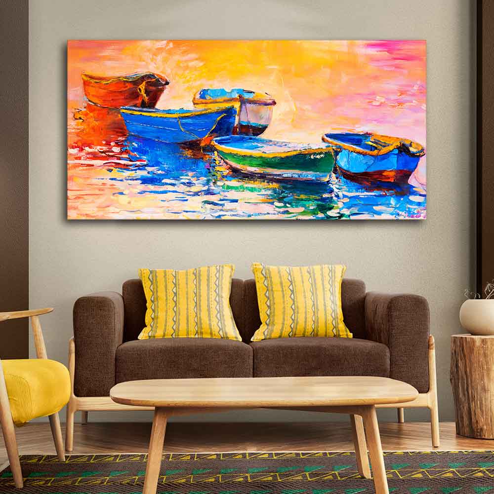 Canvas Wall Painting of The Colorful Boats in Shades of Sunset