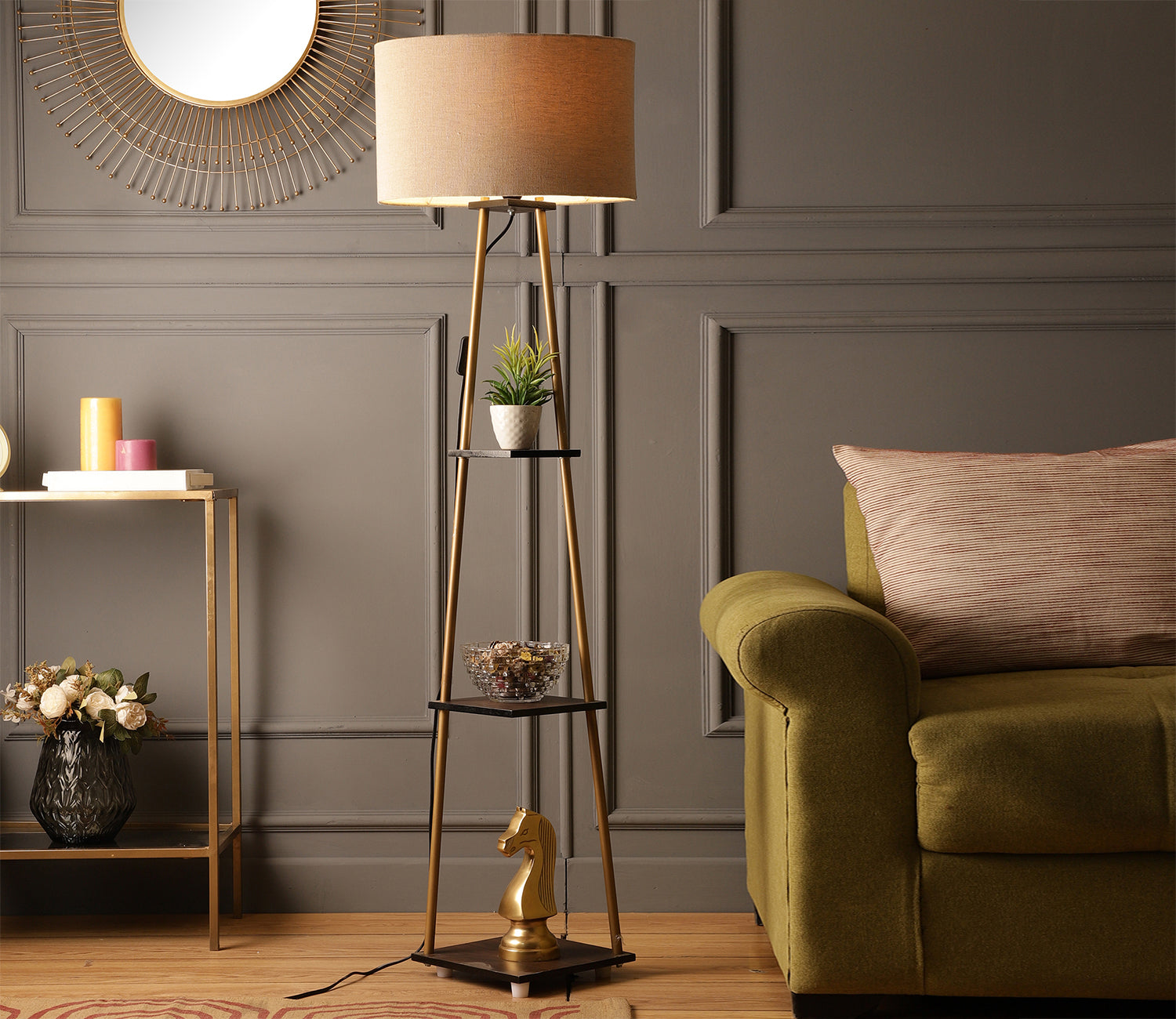 Castle 3 Tier Beige Color Shelf Storage Floor Lamp with Golden Metal Legs