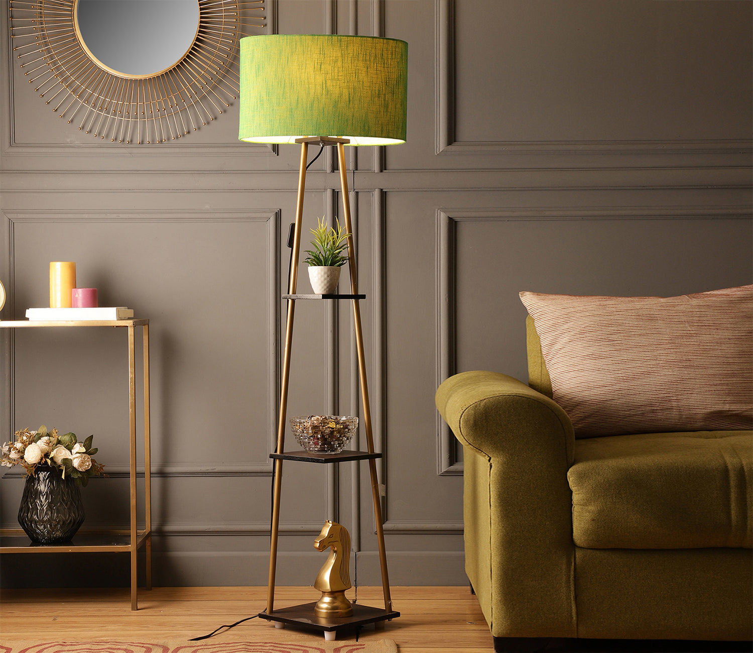 Castle 3 Tier Green Color Shelf Storage Floor Lamp with Golden Metal Legs