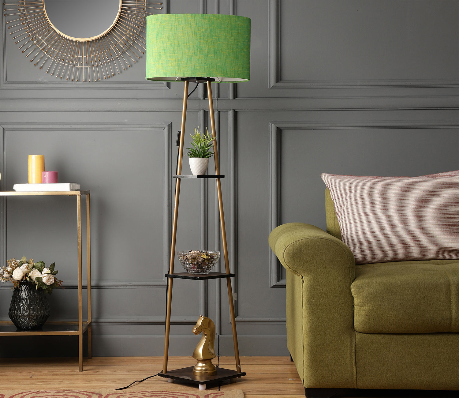 Castle 3 Tier Green Color Shelf Storage Floor Lamp with Golden Metal Legs