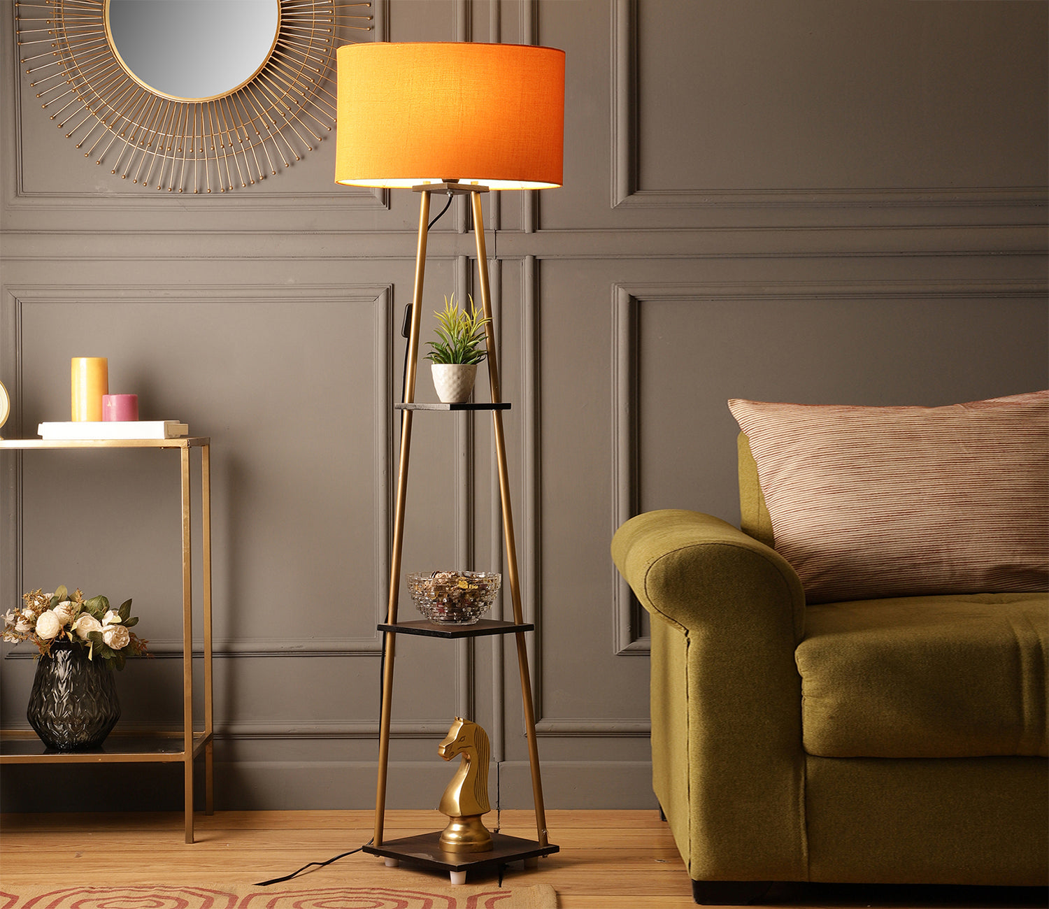 Castle 3 Tier Orange Color Shelf Storage Floor Lamp with Golden Metal Legs