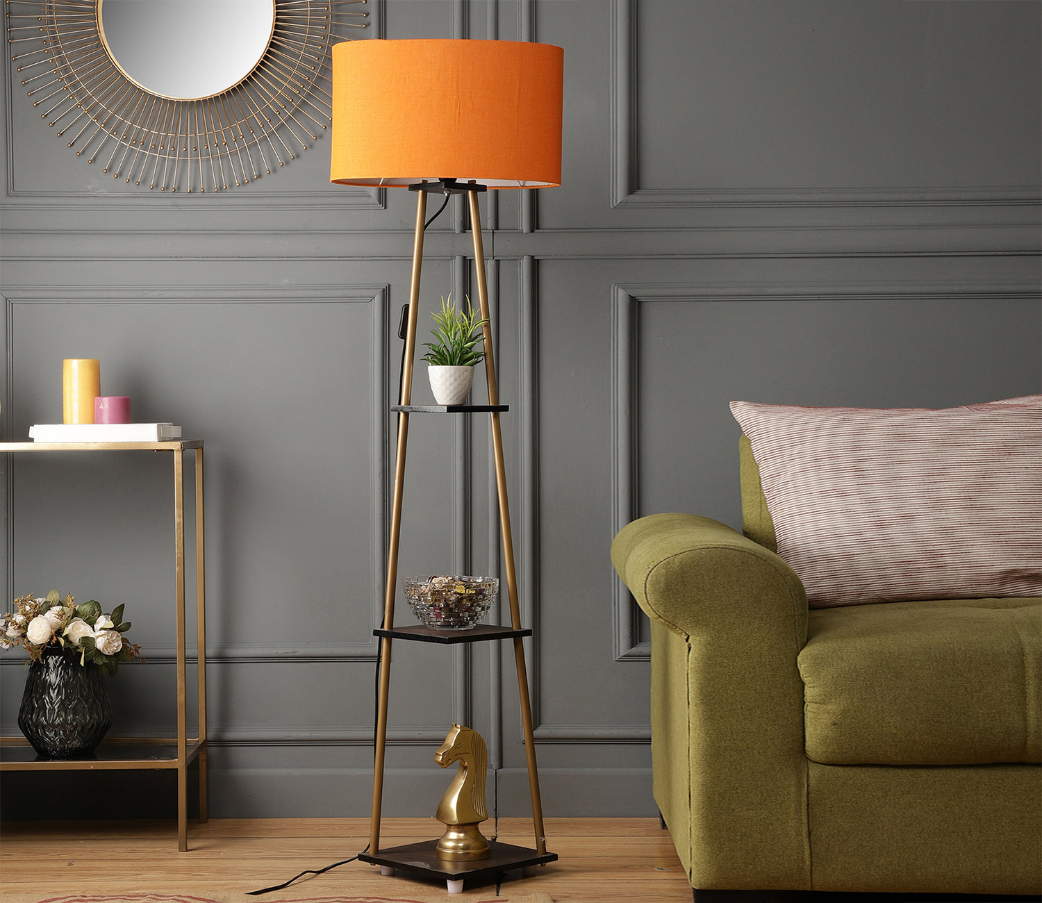 Castle 3 Tier Orange Color Shelf Storage Floor Lamp with Golden Metal Legs