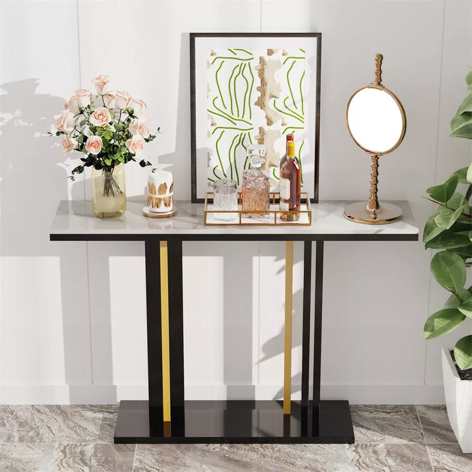Chic White Marble Console with Sleek Black and Gold Frame