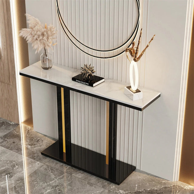 Chic White Marble Console with Sleek Black and Gold Frame