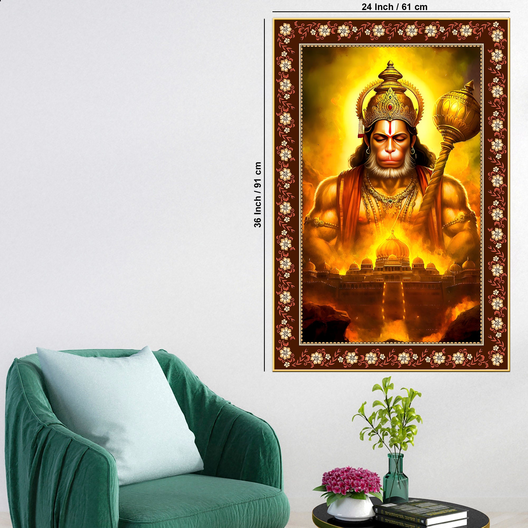 Chiranjivi Hanuman Immortal One Floral Border Vertical Wall Painting