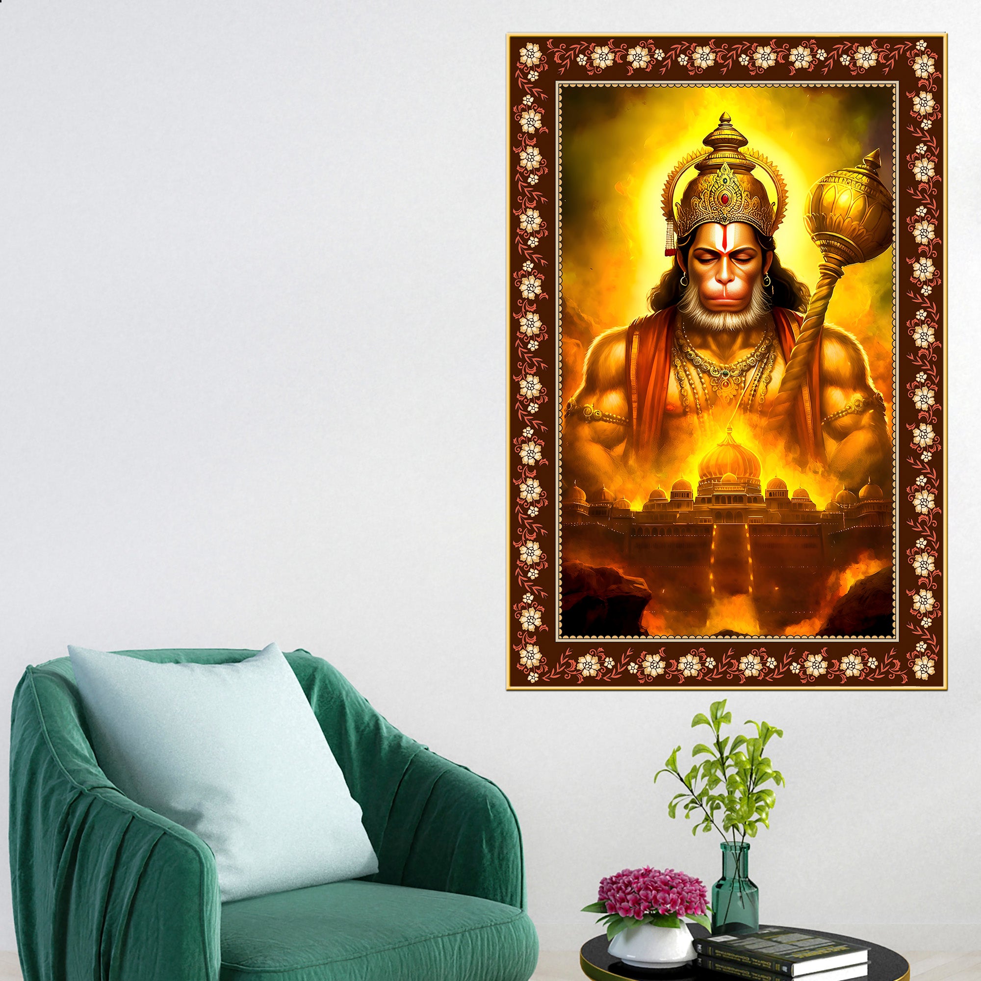 Chiranjivi Hanuman Immortal One Floral Border Vertical Wall Painting