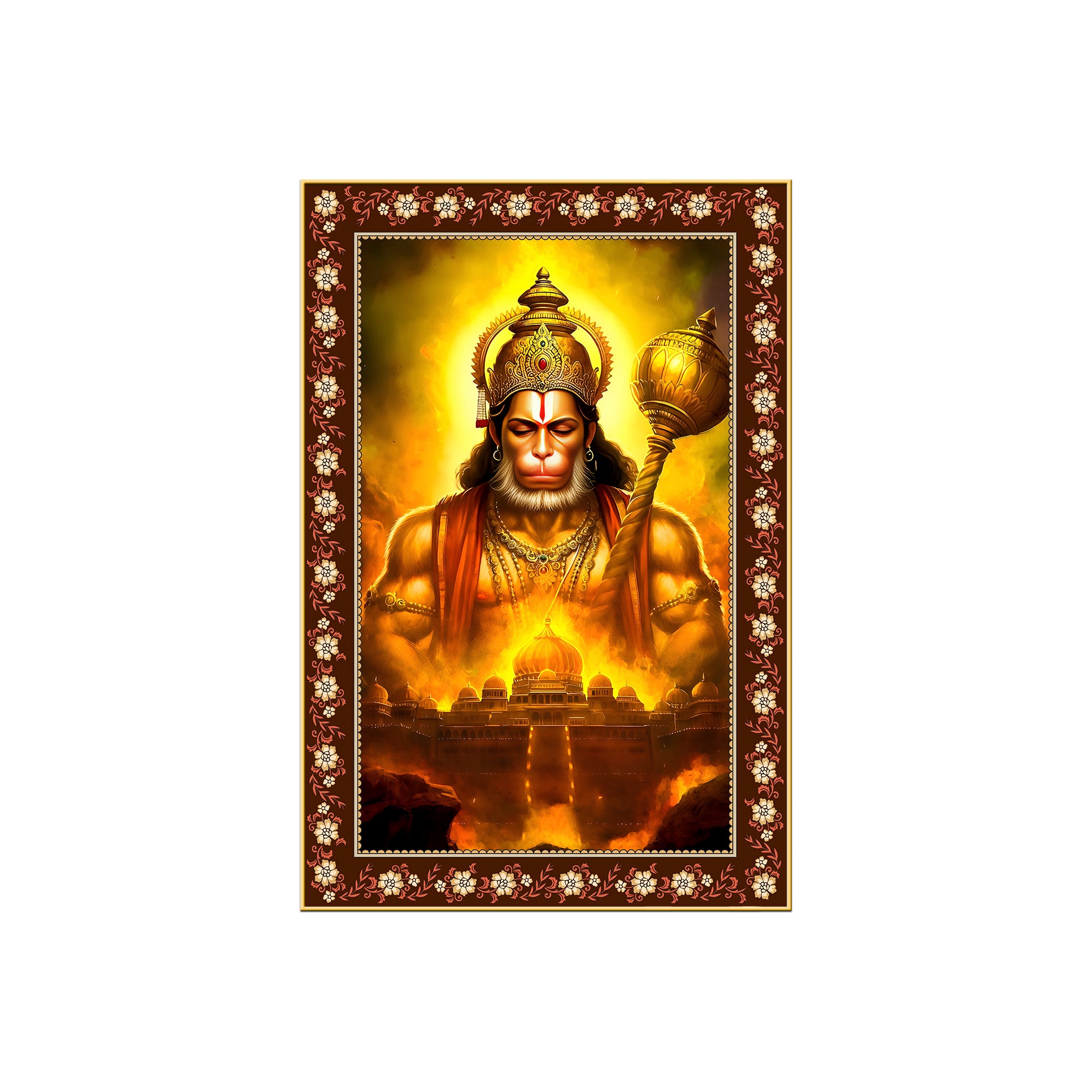 Chiranjivi Hanuman Immortal One Floral Border Vertical Wall Painting