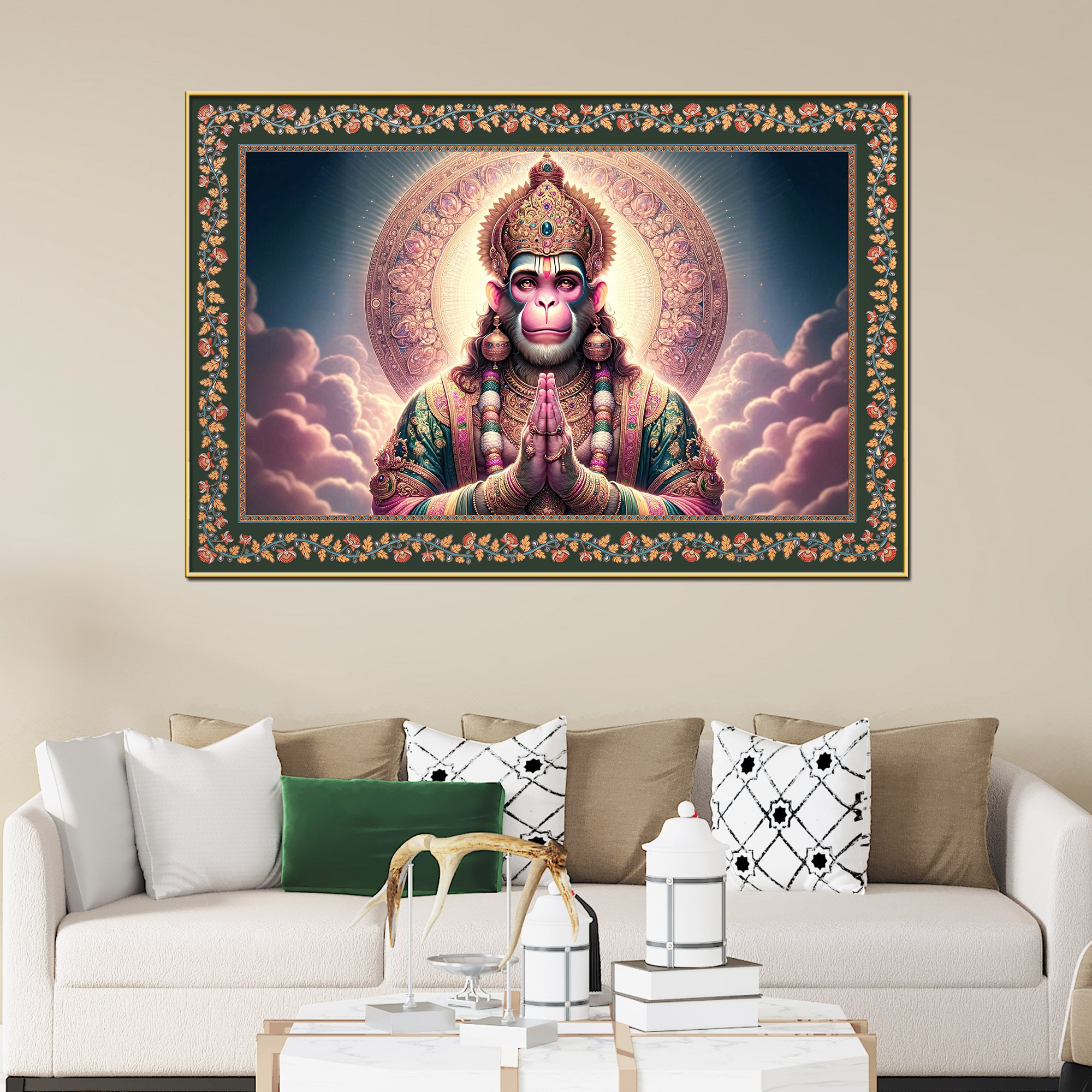Chiranjivi Lord Hanuman Floral Border Canvas Wall Painting