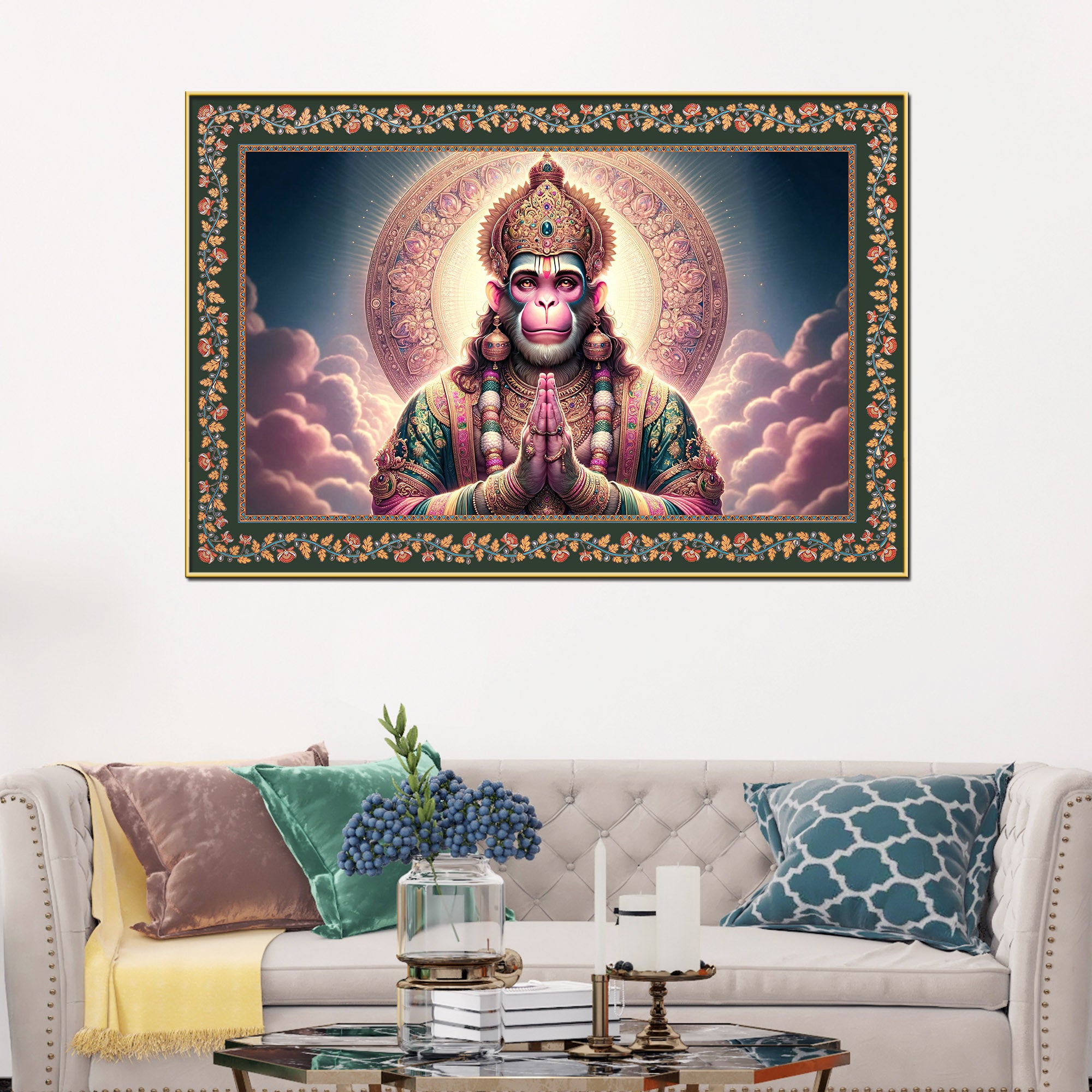 Chiranjivi Lord Hanuman Floral Border Canvas Wall Painting