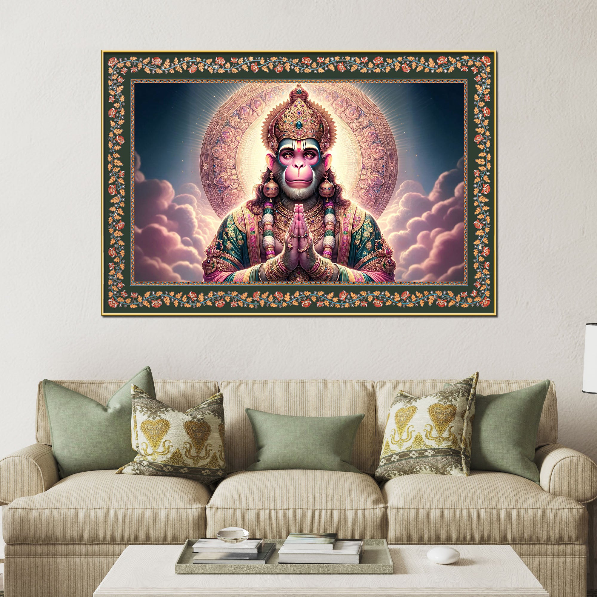 Chiranjivi Lord Hanuman Floral Border Canvas Wall Painting