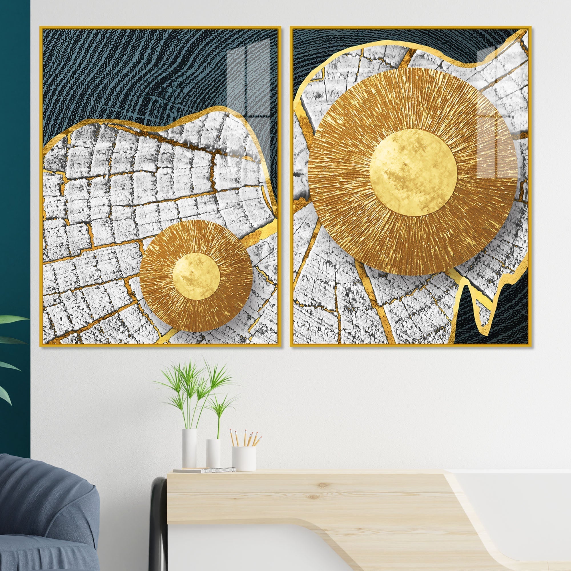 Acrylic abstract painting, round painting, hotsell wall art with azure and gold color