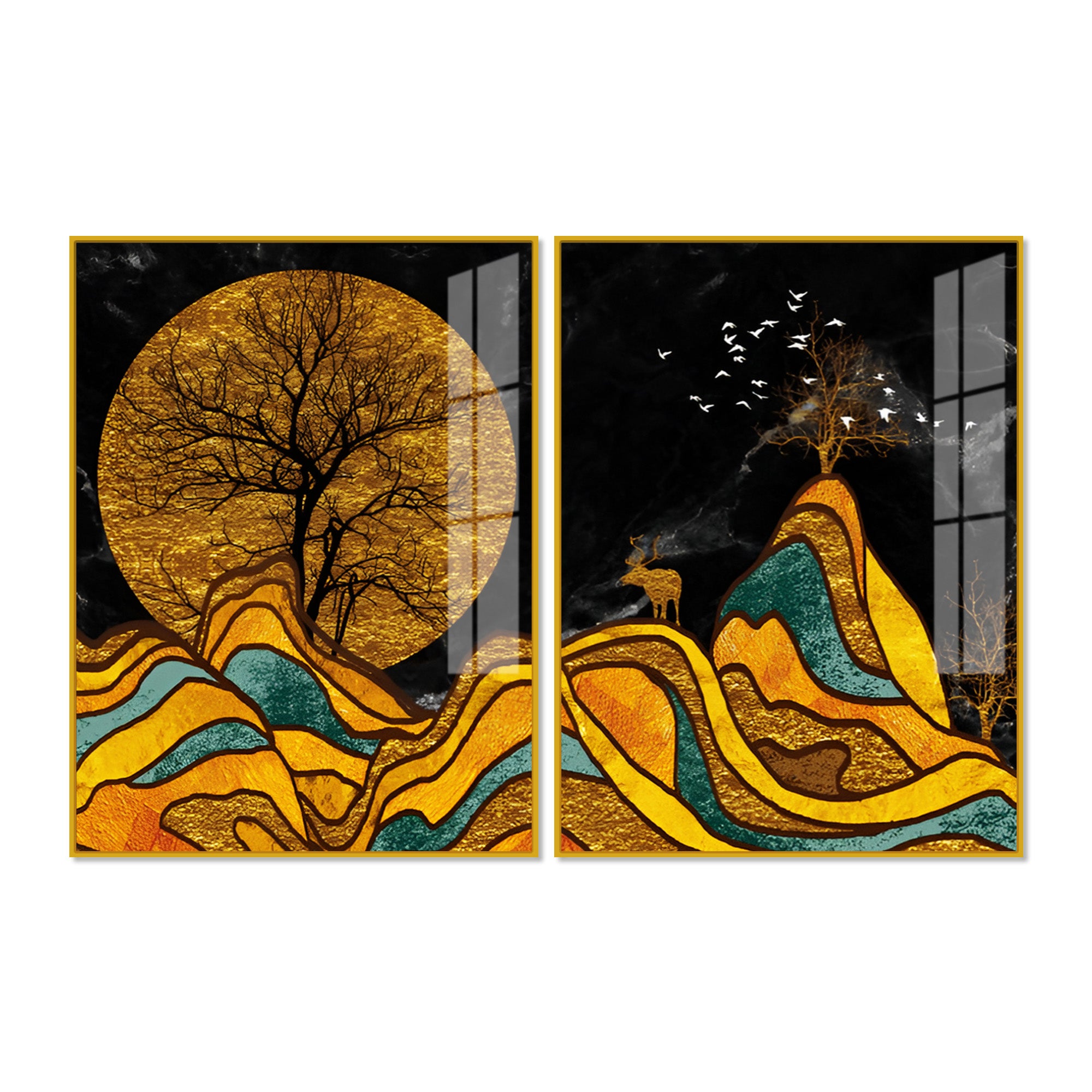 Classic Nature Art with Golden Textured Acrylic Art Floating Wall Painting Set of 2