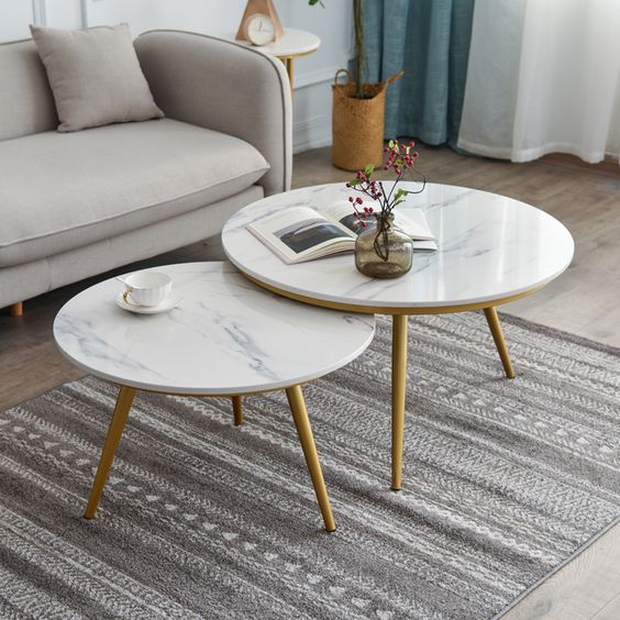Modern Marble Top Nesting Tables with Golden Legs – Set of 2