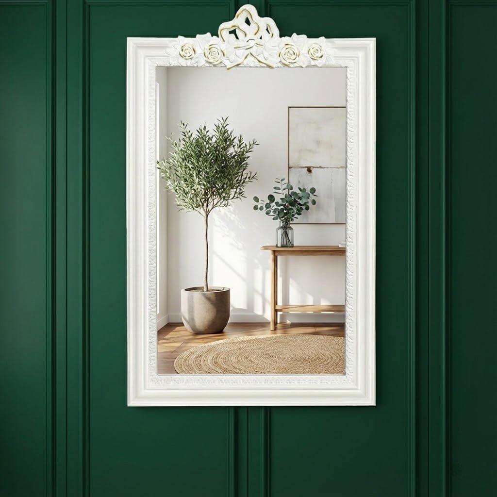 Classic White Wall Mirror with Floral Crown | Home Décor Mirror