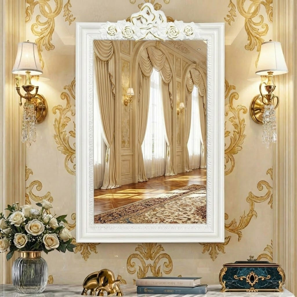 Classic White Wall Mirror with Floral Crown | Home Décor Mirror