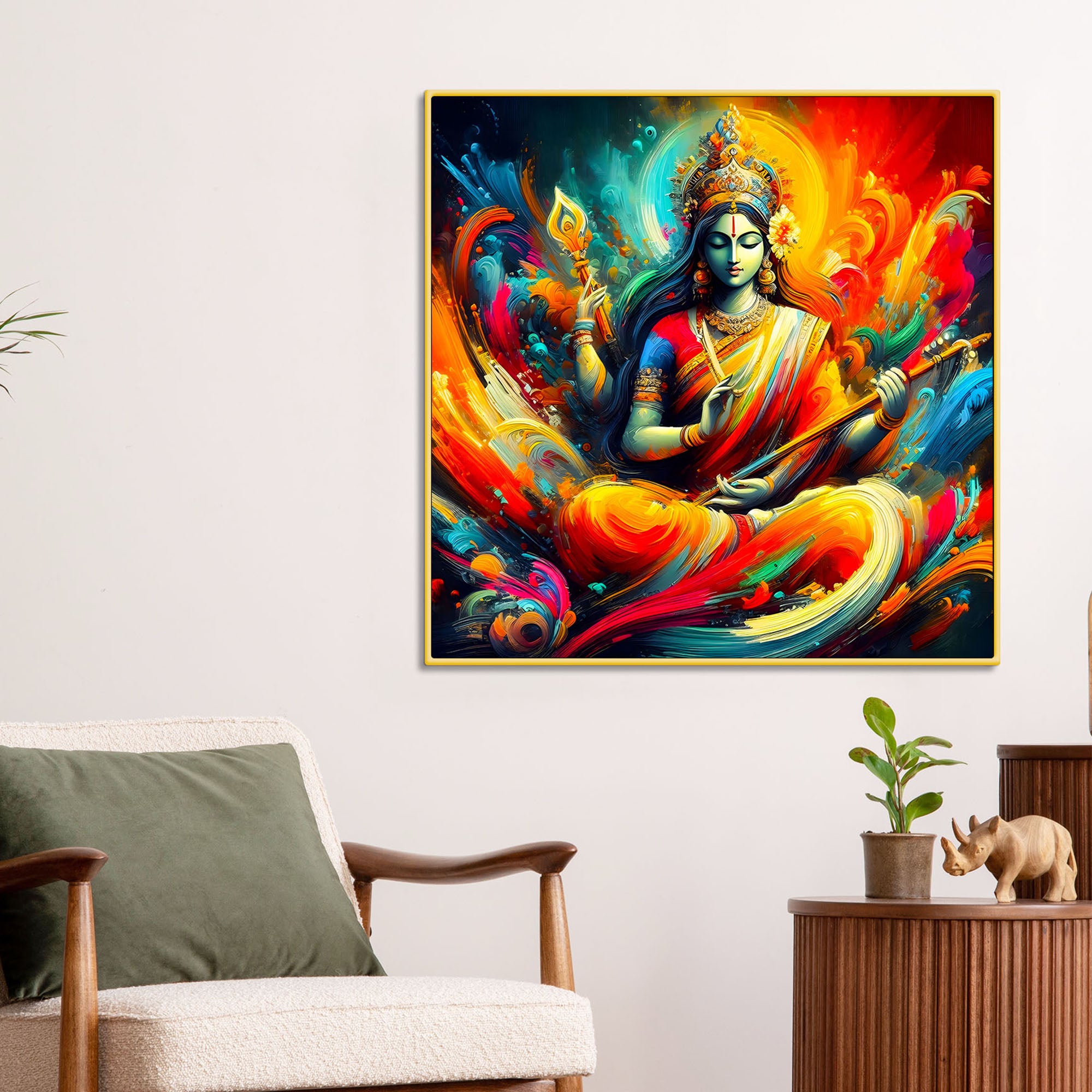 Colorful Abstract Saraswati Goddess Canvas Wall Painting
