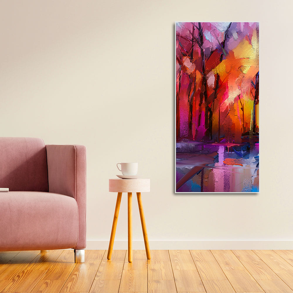 Colorful Autumn Trees Abstract Forest with Lake Canvas Wall Painting