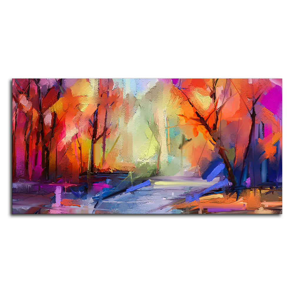 Colorful Autumn Trees Semi Abstract Forest with Lake Canvas Wall Painting
