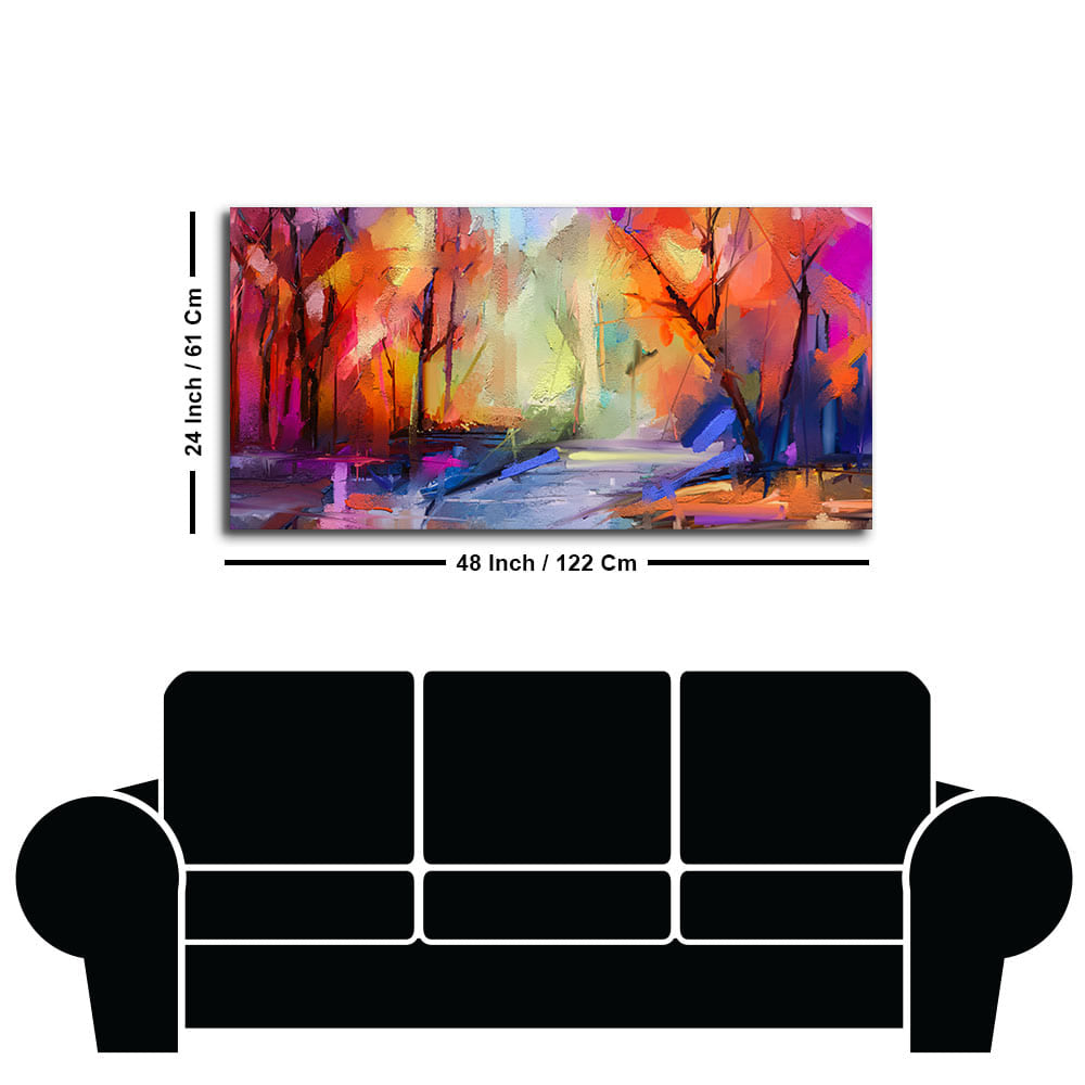 Colorful Autumn Trees Semi Abstract Forest with Lake Canvas Wall Painting