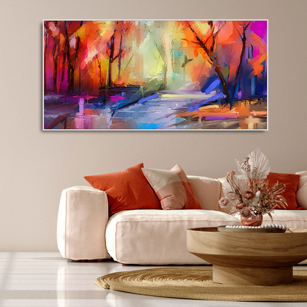 Colorful Autumn Trees Semi Abstract Forest with Lake Canvas Wall Painting