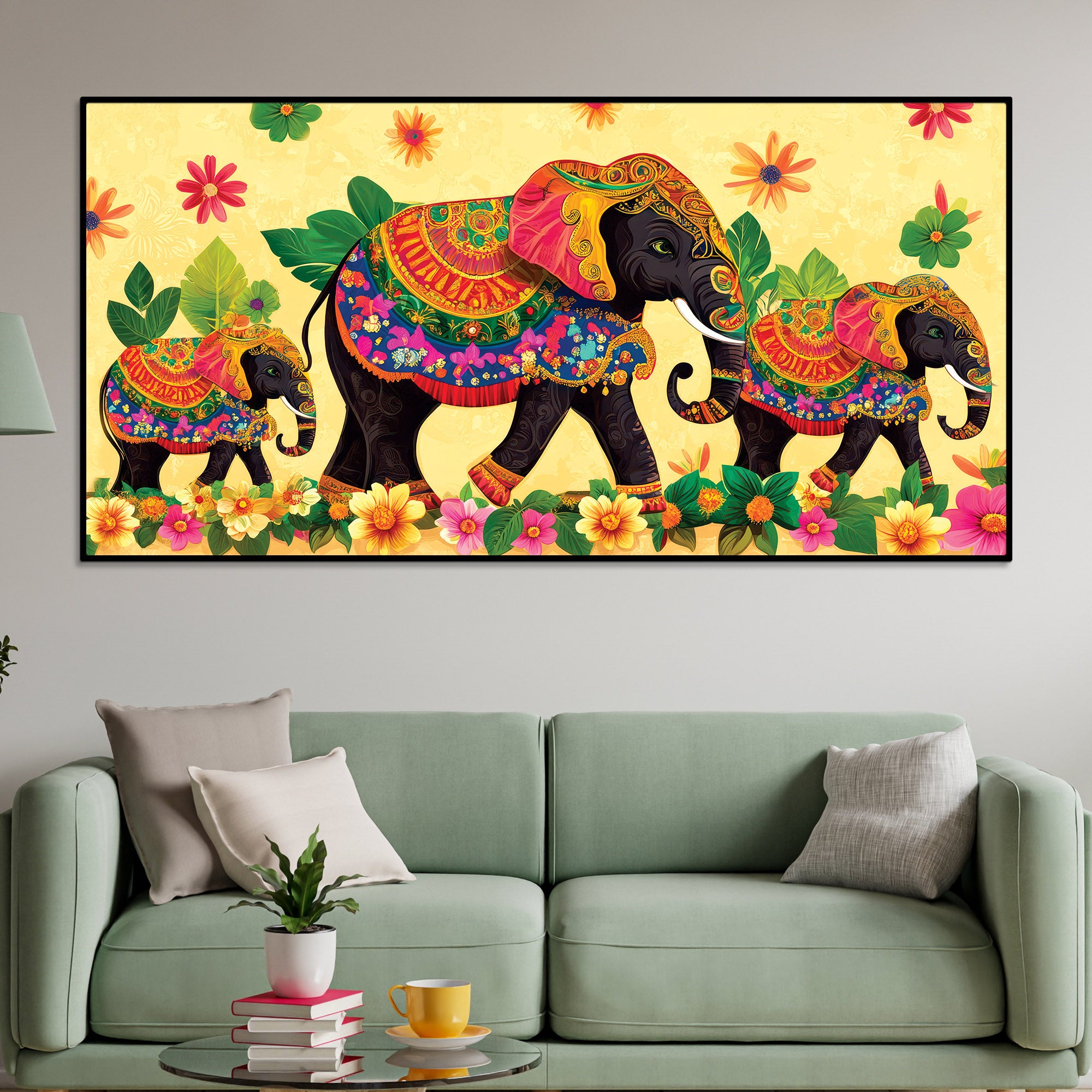 Colorful Elephant Family Premium Wall Painting