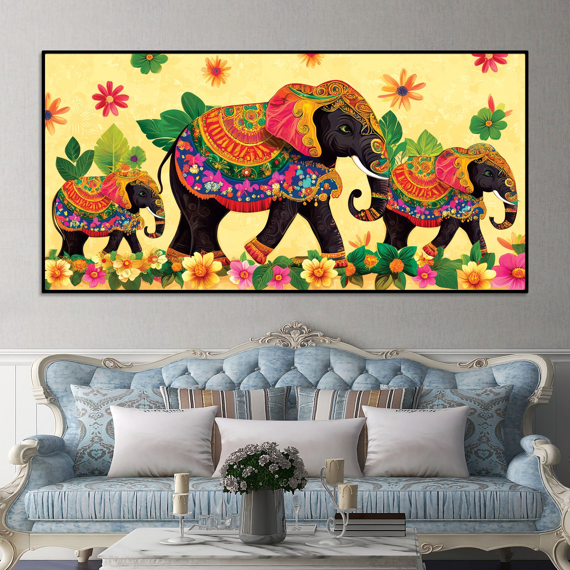 Colorful Elephant Family Premium Wall Painting