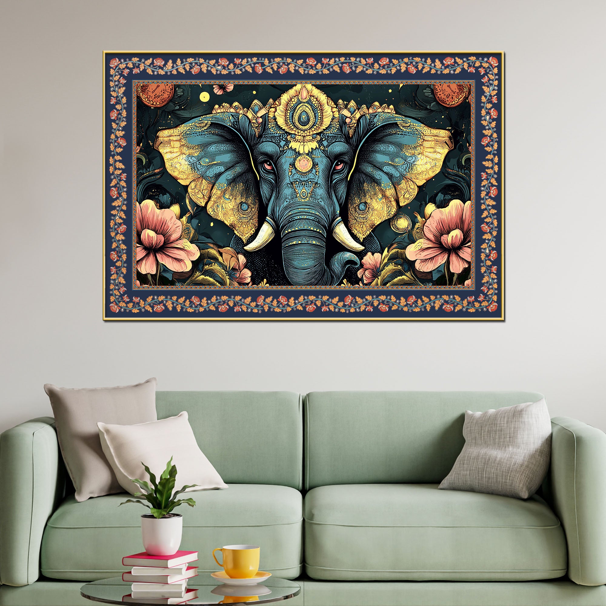 Colorful Elephant Forest Floral Border Canvas Wall Painting