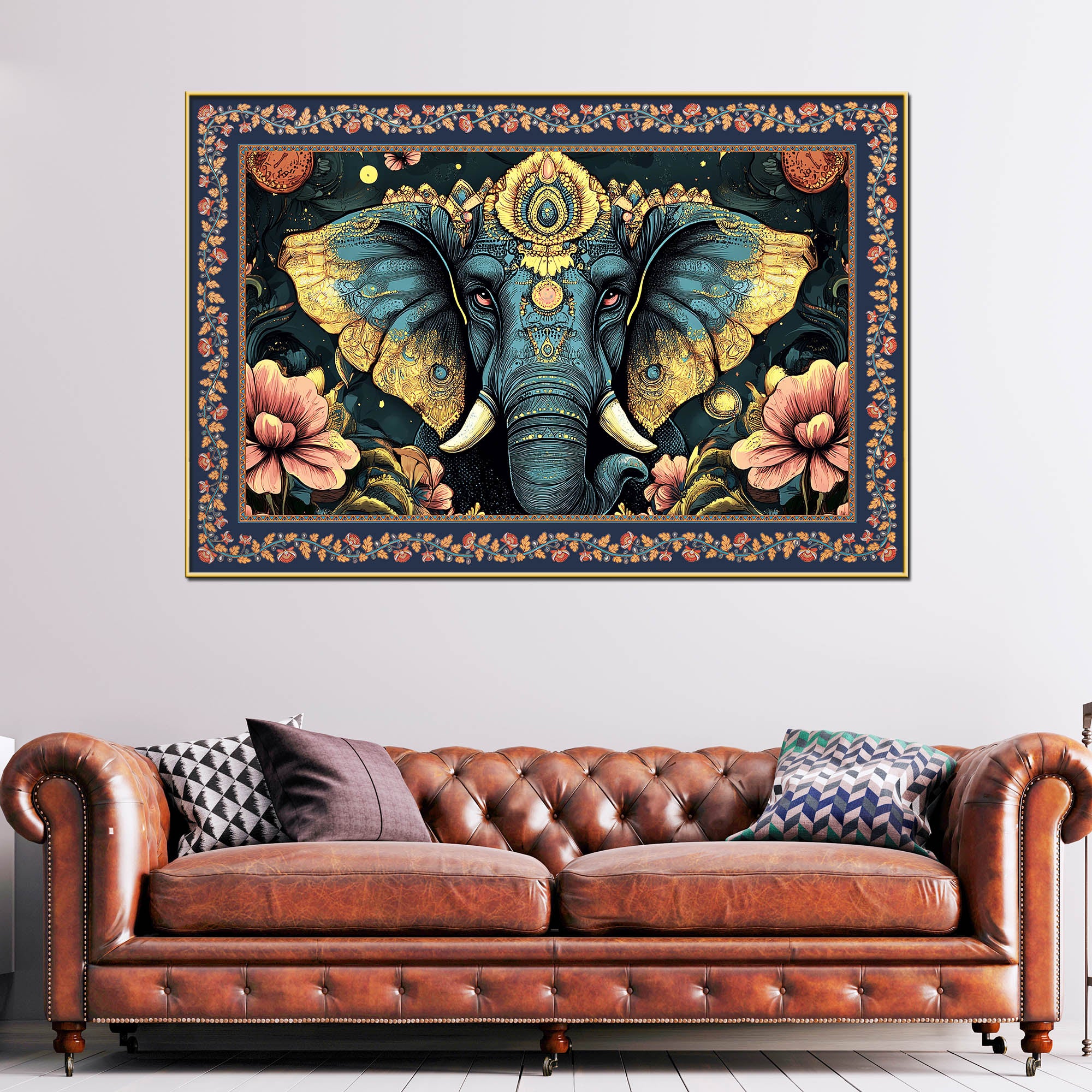 Colorful Elephant Forest Floral Border Canvas Wall Painting