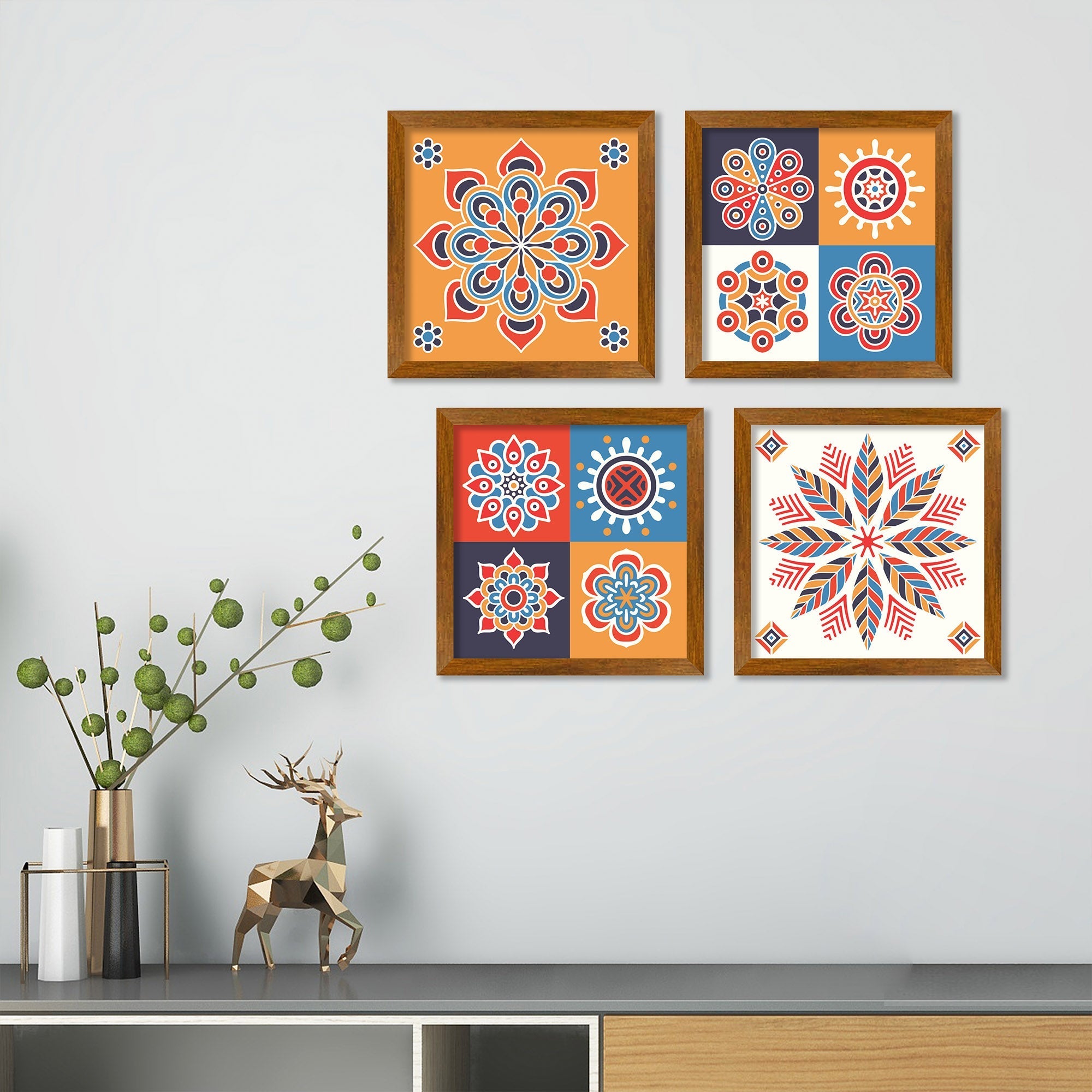 Colorful Floral Mandala Pattern Wooden Wall Frame Set of Four