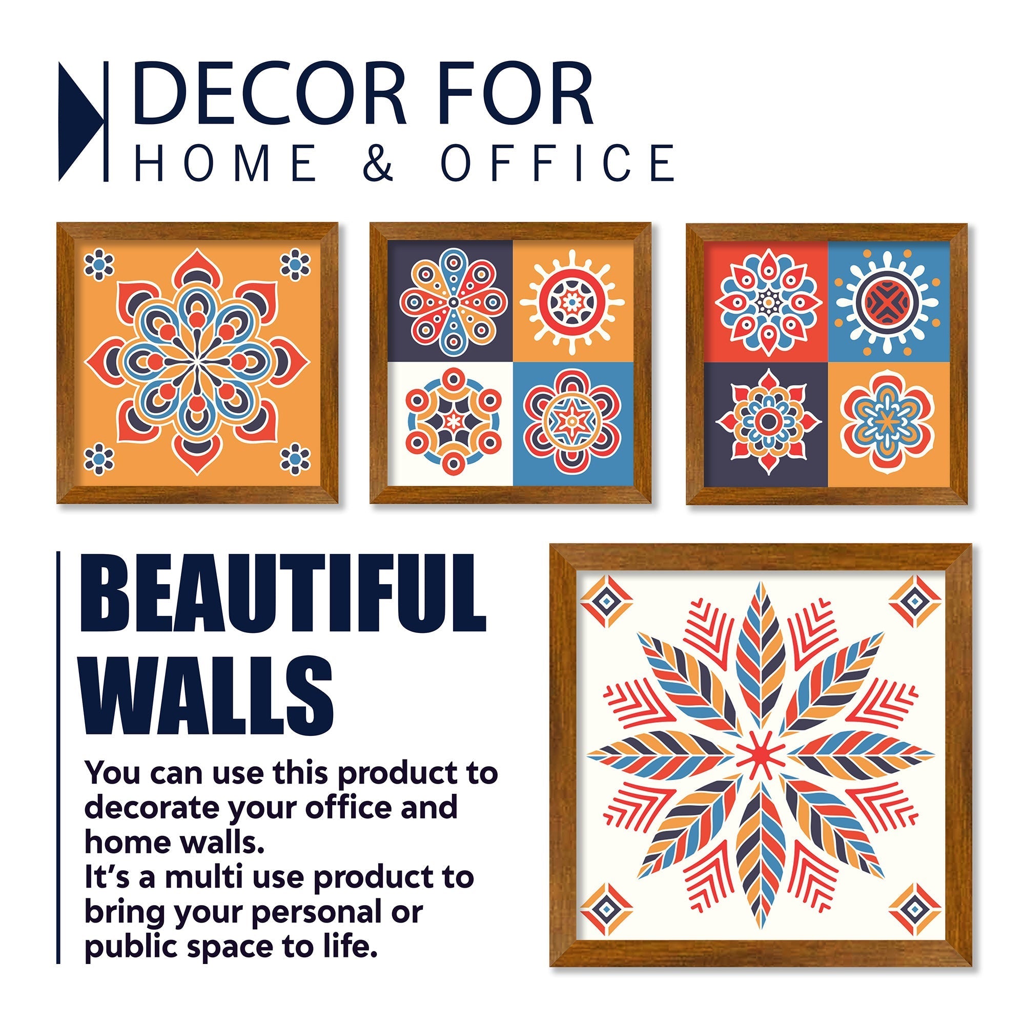 Colorful Floral Mandala Pattern Wooden Wall Frame Set of Four