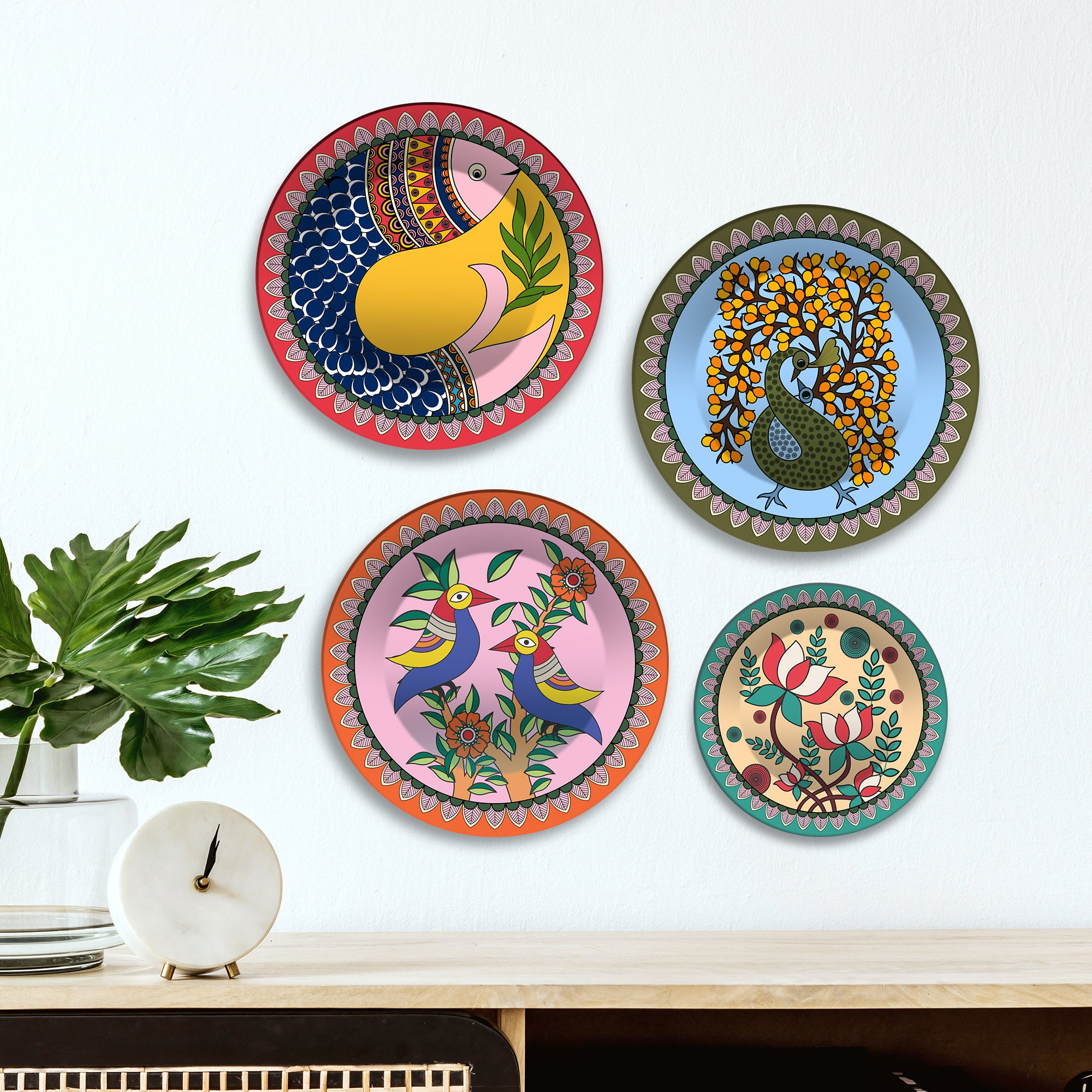 Colorful Folk Birds & Blooms Premium Wall Plates Painting Set of Four