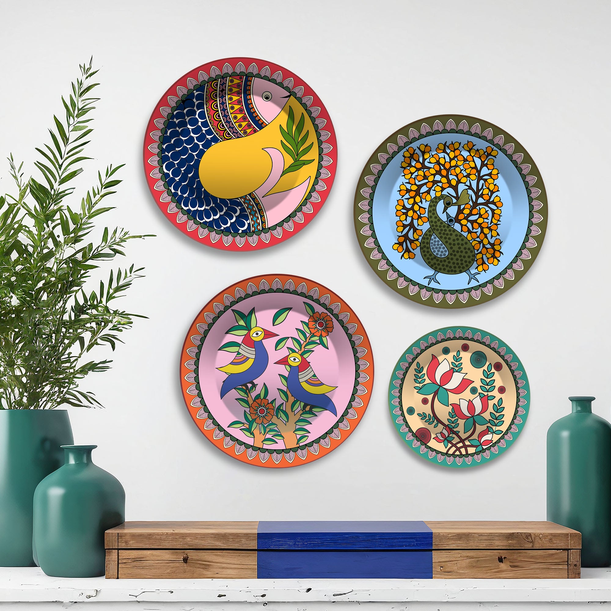Colorful Folk Birds & Blooms Premium Wall Plates Painting Set of Four