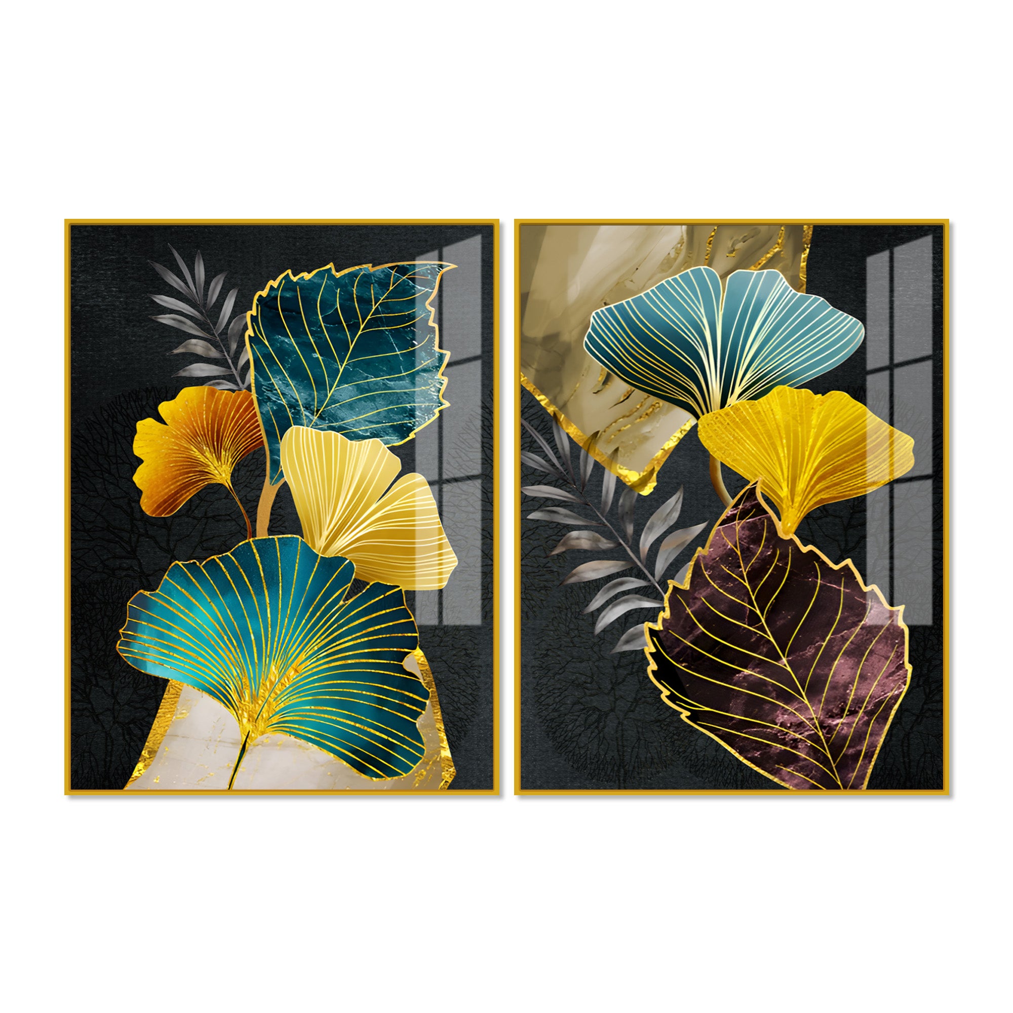 Colorful Ginkgo Leaves Acrylic Art Floating Wall Painting Set of 2