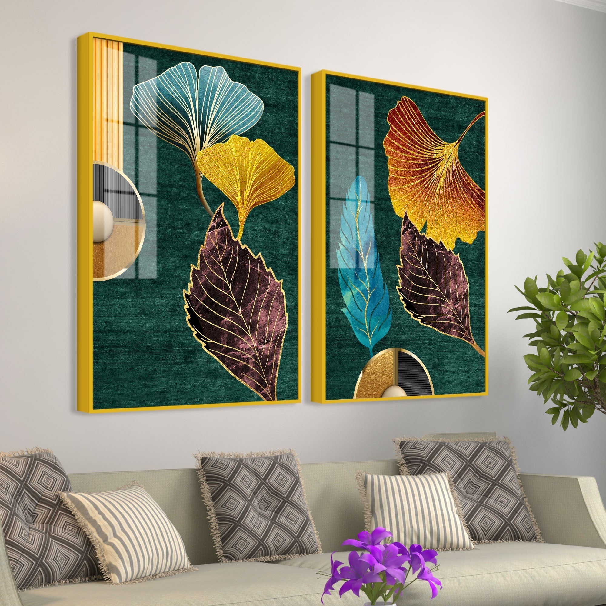 Colorful Golden Lines Leaves Acrylic Floating Wall Painting Set of 2