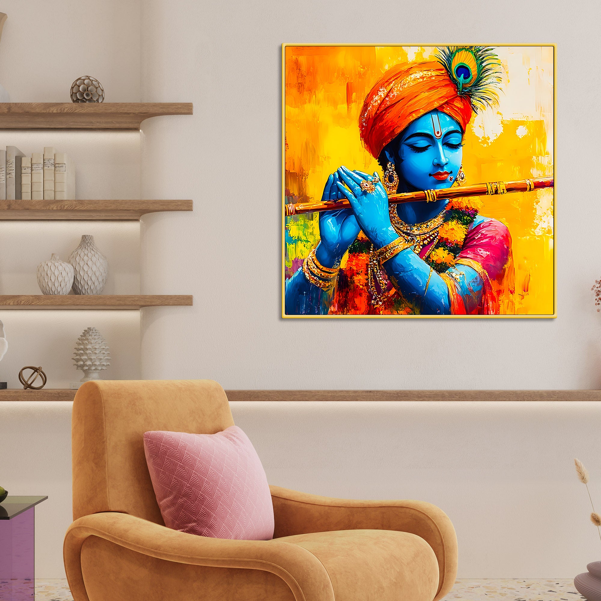 Colorful Lord Krishna Canvas Wall Painting for Living Room Interior – Modern Devotional Canvas Wall Art