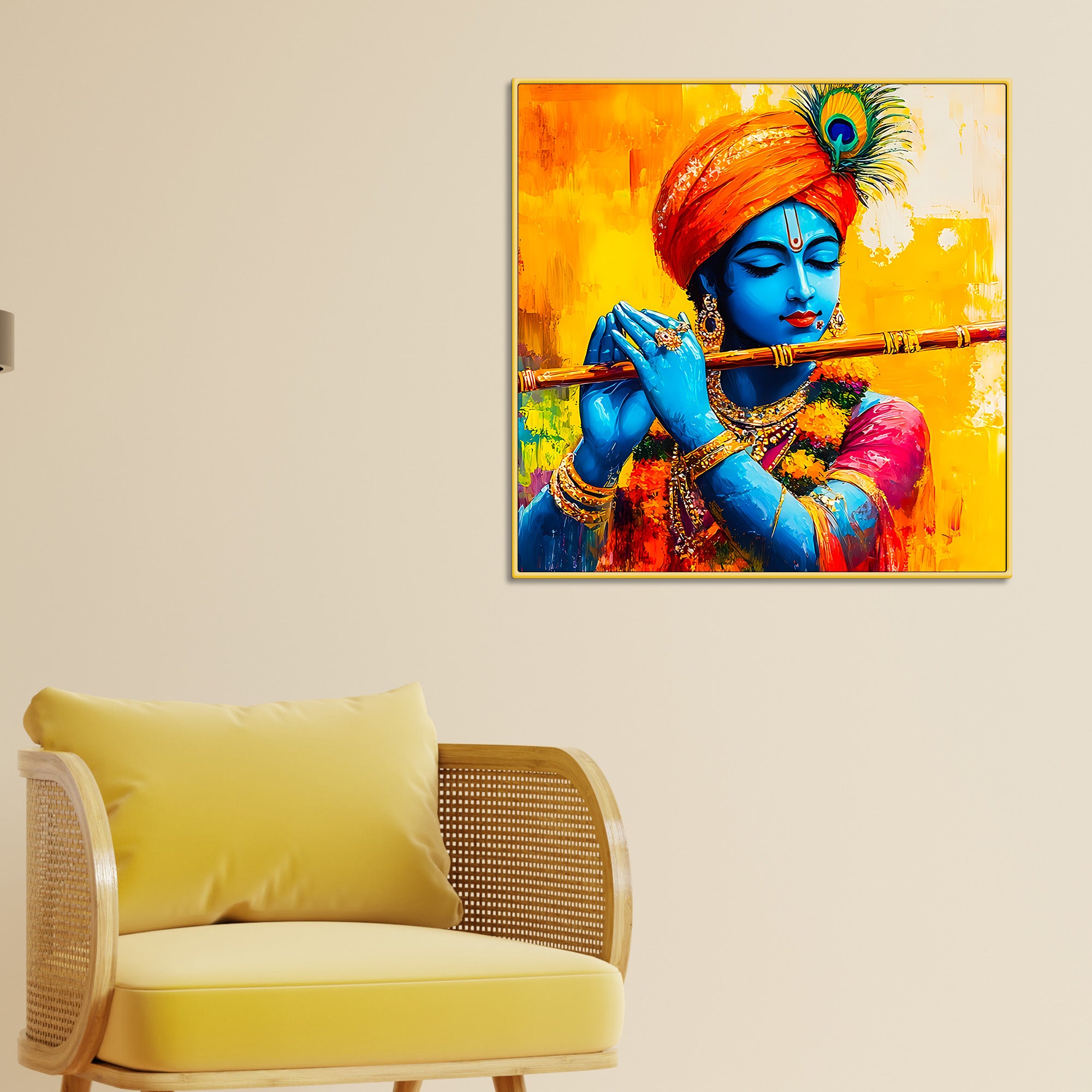 Colorful Lord Krishna Canvas Wall Painting for Living Room Interior – Modern Devotional Canvas Wall Art